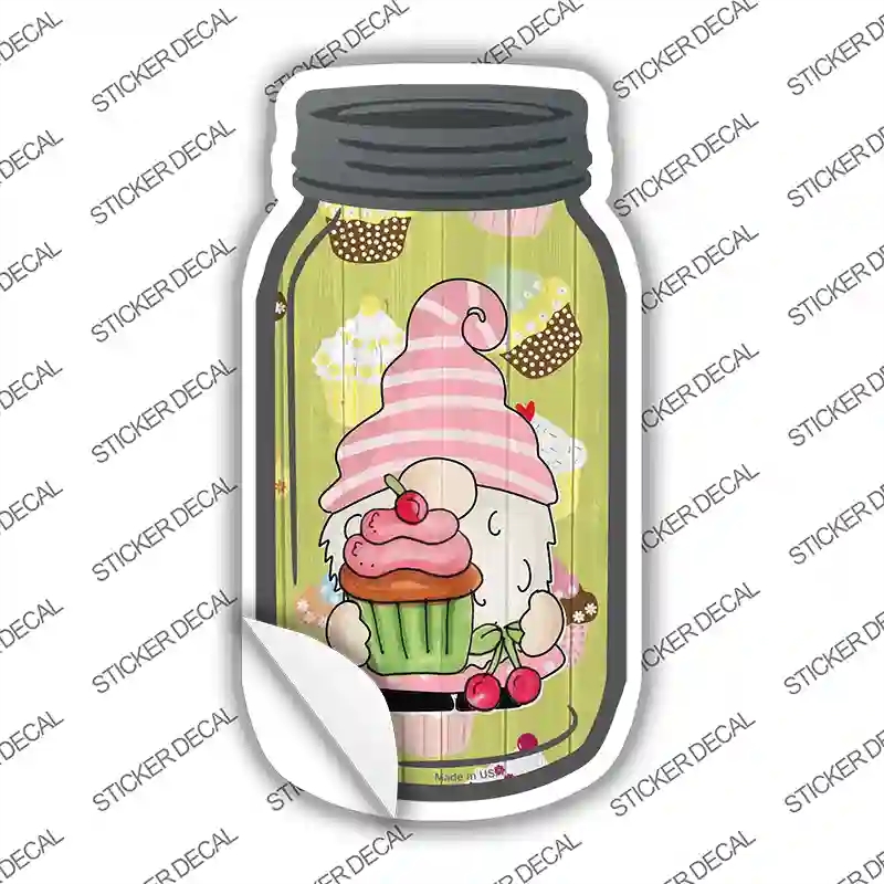 MJ-751s-S Gnome with Cupcake & Cherries Novelty Mason Jar Sticker Decal, Small