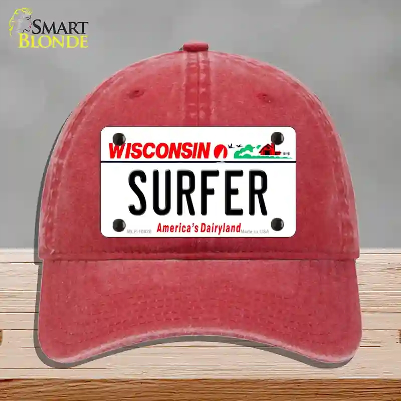 HAT13-MLP-10628 Surfer Wisconsin Novelty License Plate Hat, Unconstructed Cotton - Red