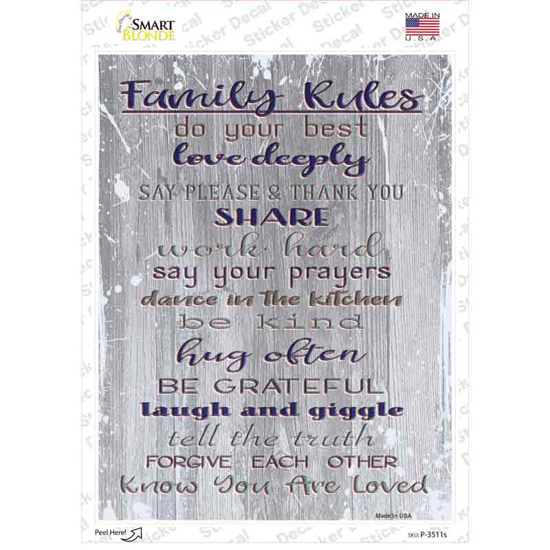 P-3511s-M Family Rules Novelty Rectangular Sticker Decal, Medium