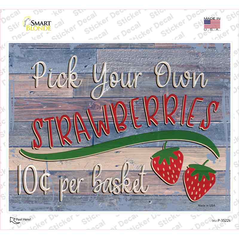 P-3522s-M Pick Your Own Strawberries Novelty Rectangular Sticker Decal, Medium