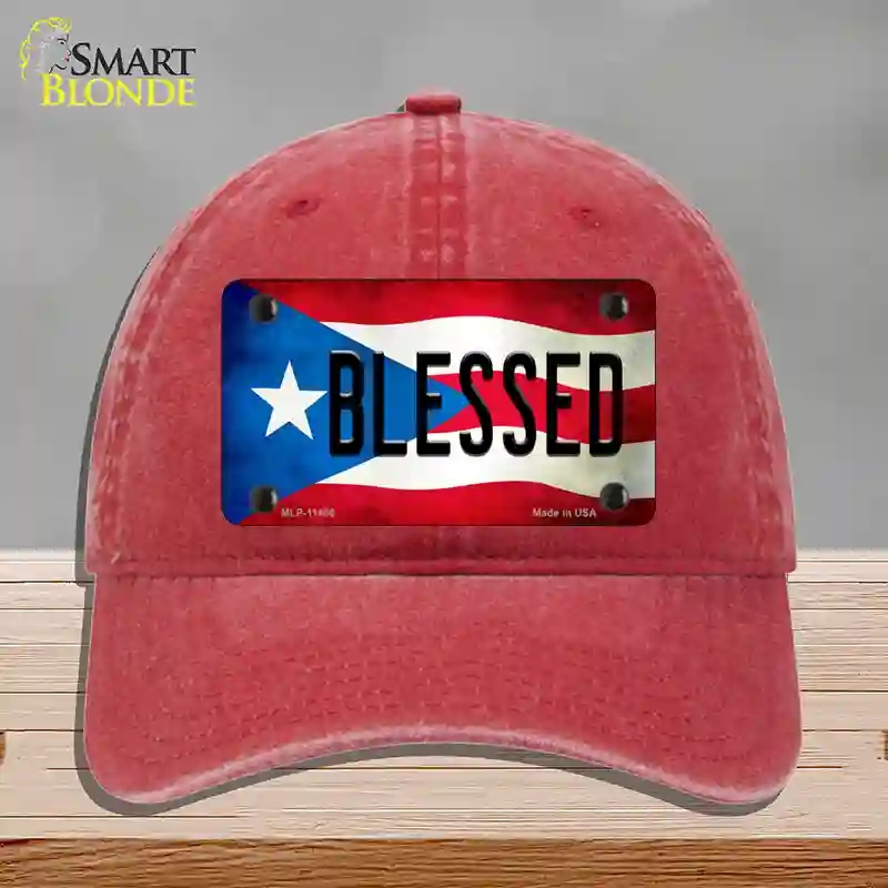 HAT13-MLP-11406 Blessed Puerto Rico Flag Novelty License Plate Hat, Unconstructed Cotton - Red