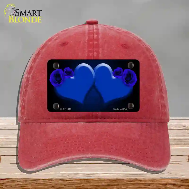 HAT13-MLP-11448 Hearts Over Roses in Blue Novelty License Plate Hat, Unconstructed Cotton - Red