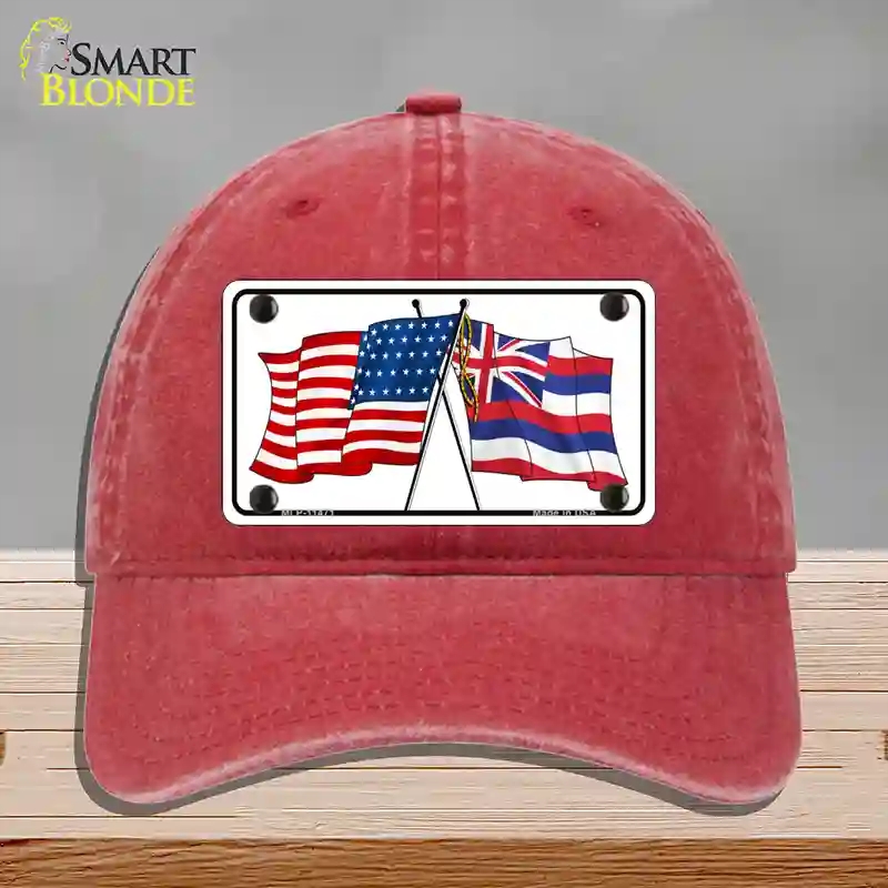 HAT13-MLP-11471 Hawaii Crossed US Flag Novelty License Plate Hat, Unconstructed Cotton - Red