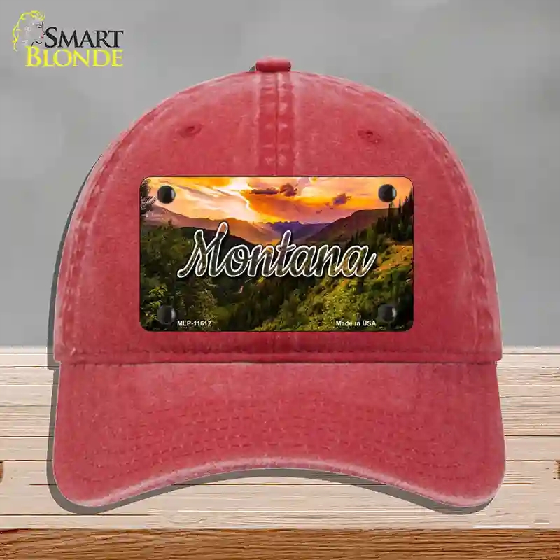 HAT13-MLP-11612 Montana Forest Sunset State Novelty License Plate Hat, Unconstructed Cotton - Red