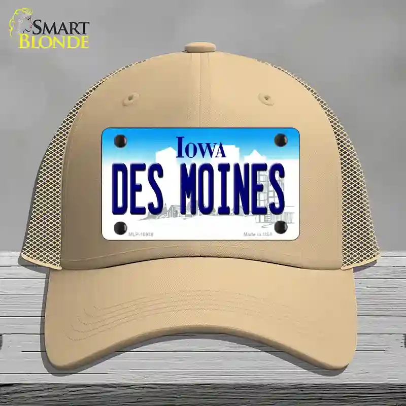 HAT15-MLP-10938 Des Moines Iowa Novelty License Plate Hat, Mesh - Khaki