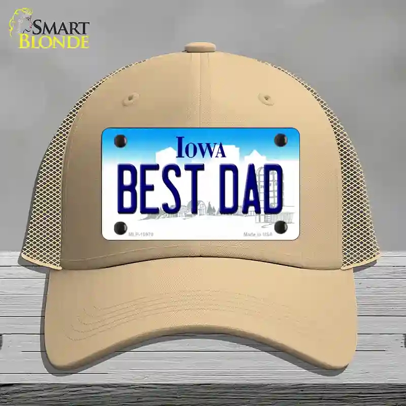 HAT15-MLP-10970 Best Dad Iowa Novelty License Plate Hat, Mesh - Khaki