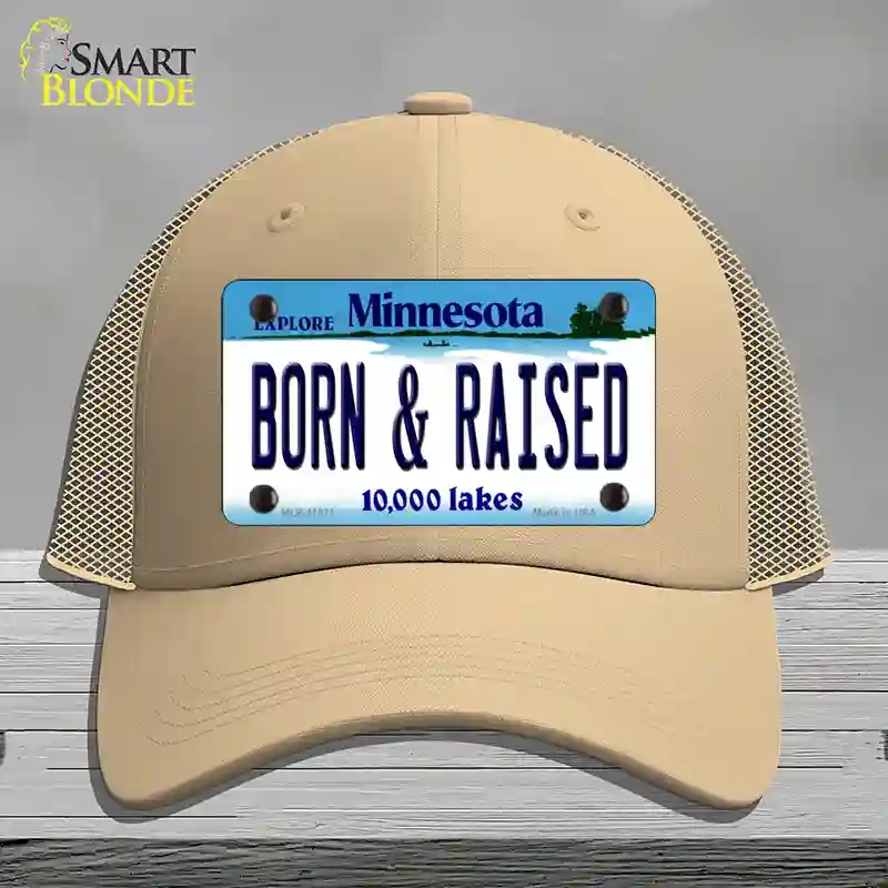 HAT15-MLP-11071 Born & Raised Minnesota State Novelty License Plate Hat, Mesh - Khaki