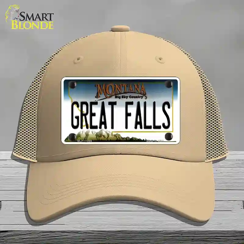 HAT15-MLP-11094 Great Falls Montana State Novelty License Plate Hat, Mesh - Khaki