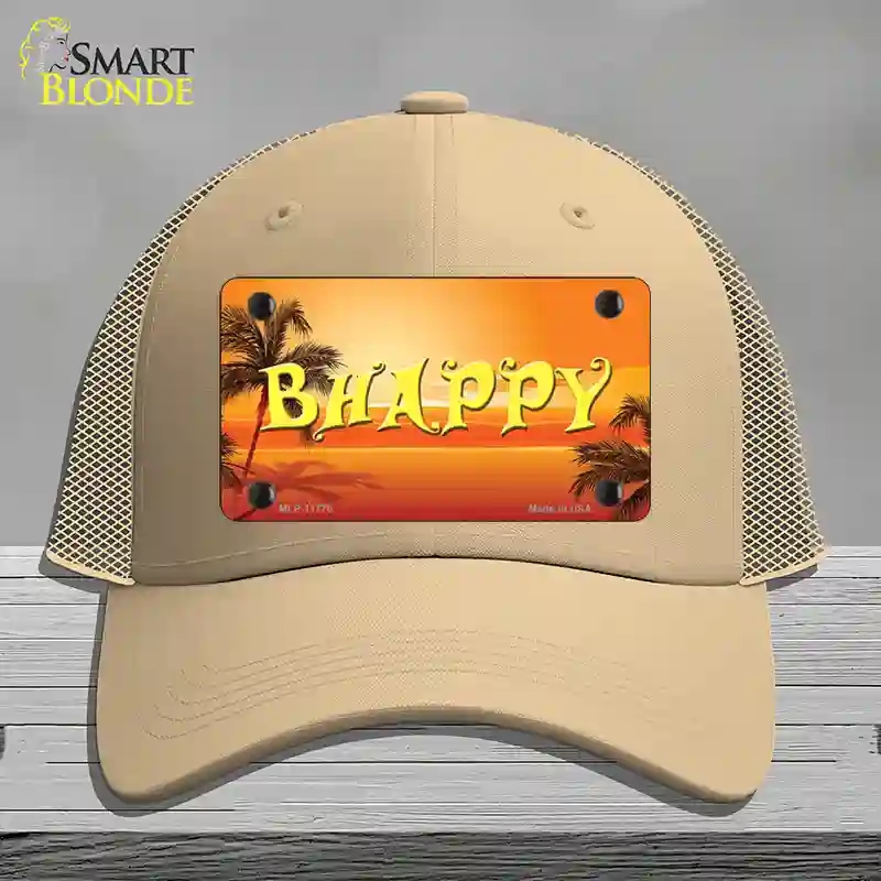 HAT15-MLP-11775 Be Happy Beach Scene Novelty License Plate Hat, Mesh - Khaki