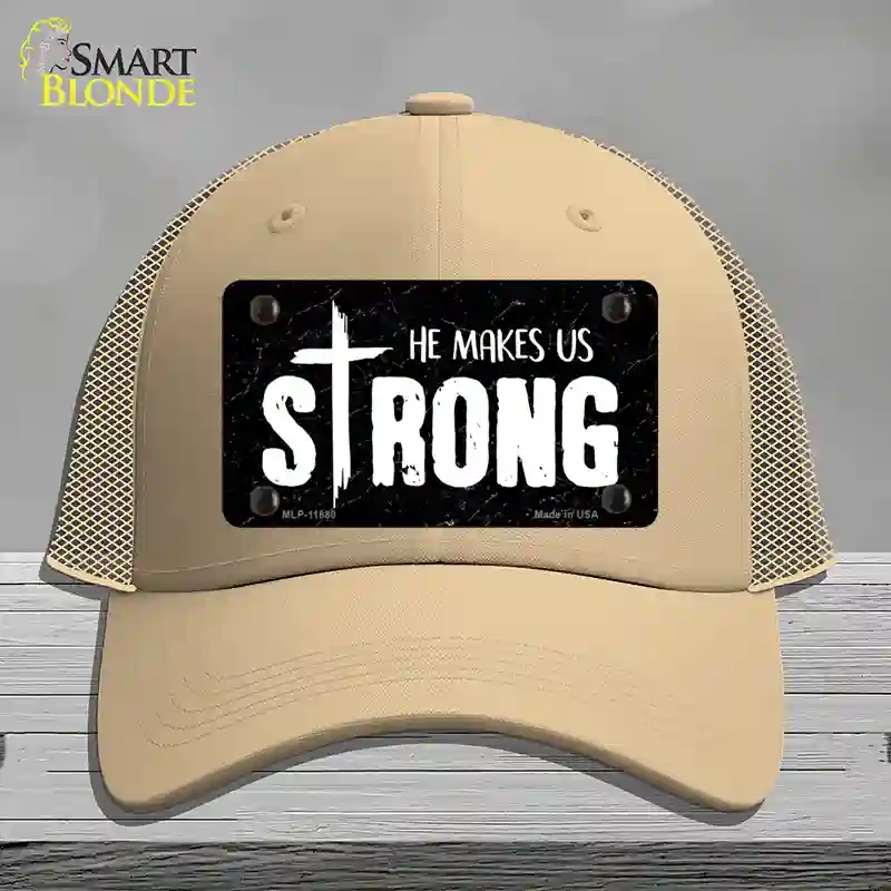 HAT15-MLP-11880 He Makes Us Strong Novelty License Plate Hat, Mesh - Khaki