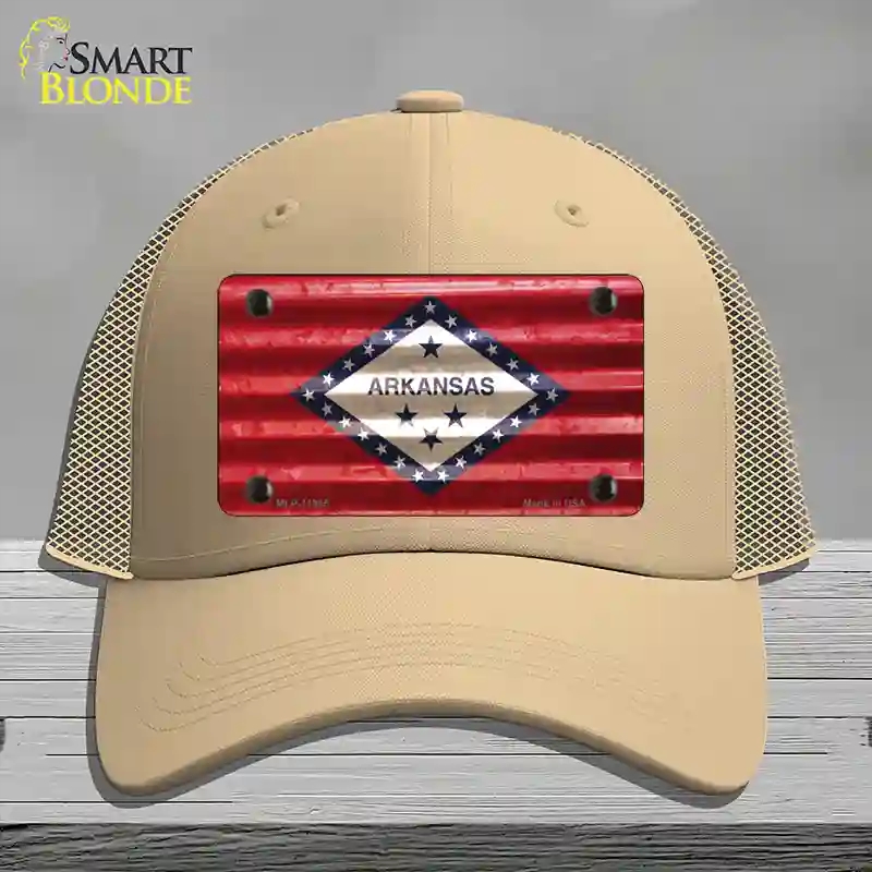 HAT15-MLP-11945 Arkansas Corrugated Flag Novelty License Plate Hat, Mesh - Khaki