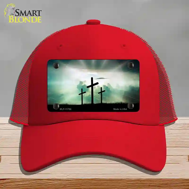 HAT17-MLP-11794 Crosses in the Sun Blue Novelty License Plate Hat, Mesh - Red