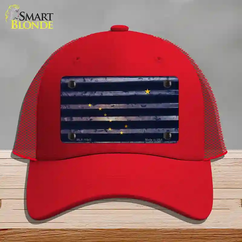 HAT17-MLP-11943 Alaska Corrugated Flag Novelty License Plate Hat, Mesh - Red