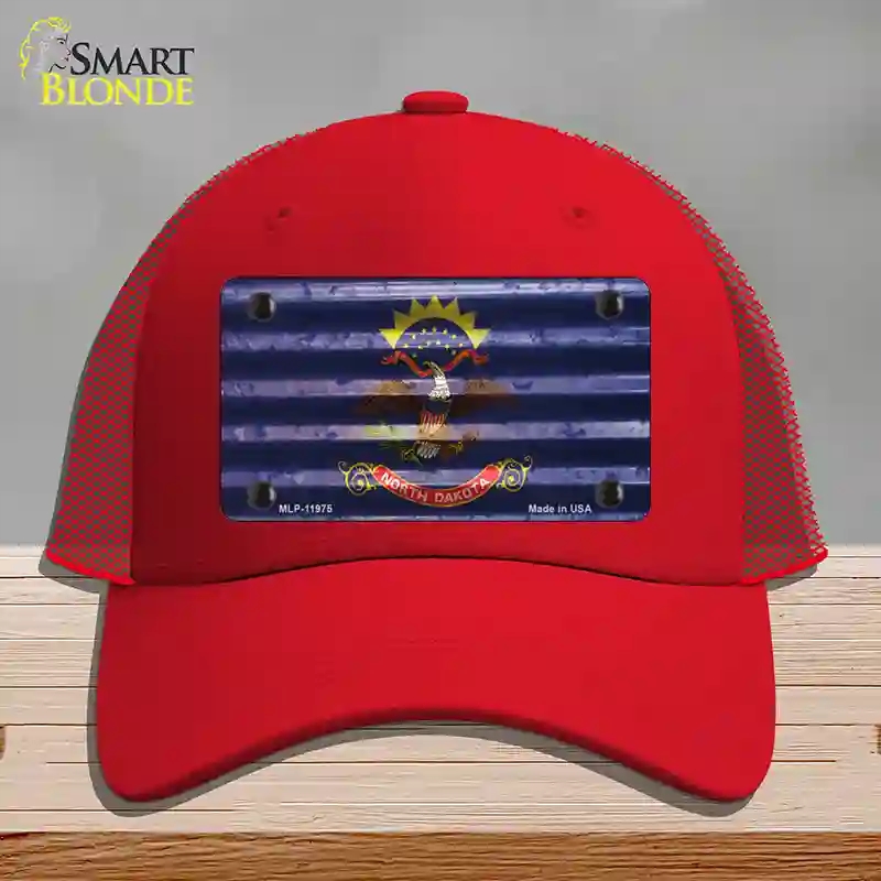 HAT17-MLP-11975 North Dakota Corrugated Flag Novelty License Plate Hat, Mesh - Red