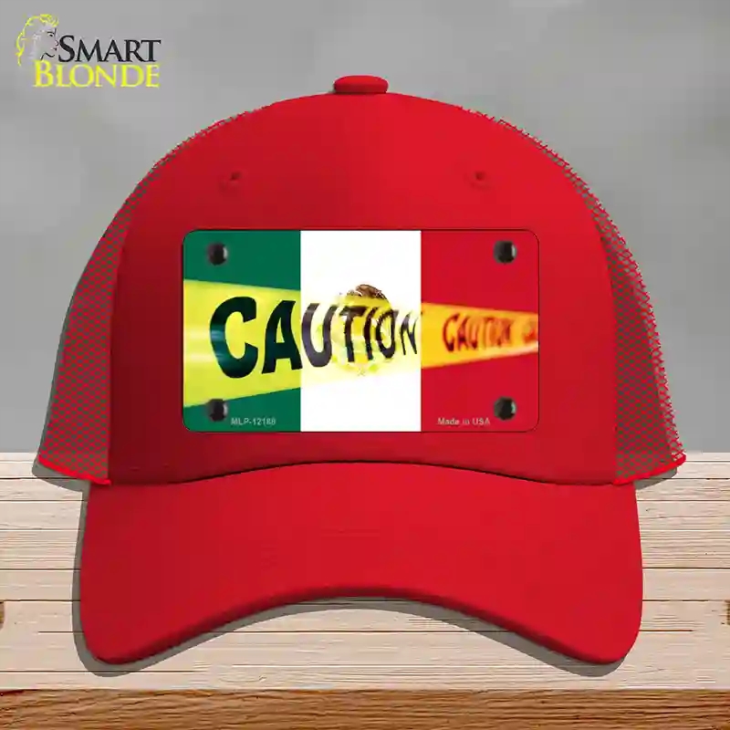 HAT17-MLP-12188 Caution Mexico Flag Novelty License Plate Hat, Mesh - Red