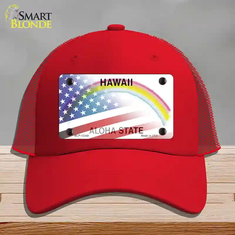 HAT17-MLP-12340 Hawaii with American Flag Novelty License Plate Hat, Mesh - Red