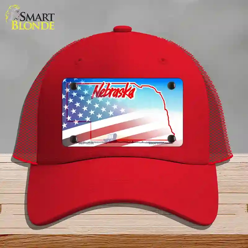 HAT17-MLP-12356 Nebraska with American Flag Novelty License Plate Hat, Mesh - Red