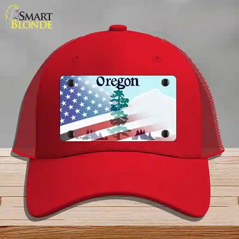 HAT17-MLP-12366 Oregon with American Flag Novelty License Plate Hat, Mesh - Red