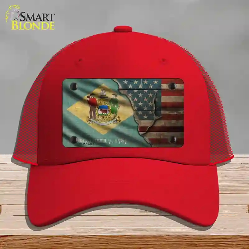 HAT17-MLP-12387 Delaware & American Flag Novelty License Plate Hat, Mesh - Red
