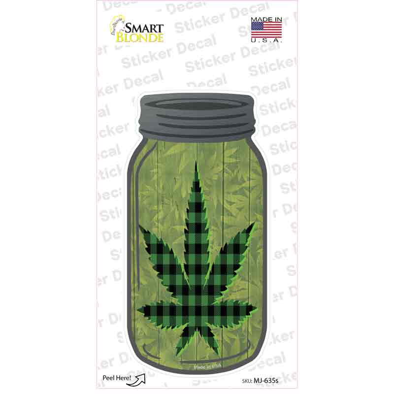MJ-635s-M Weed Leaf Green Plaid Novelty Mason Jar Sticker Decal, Medium
