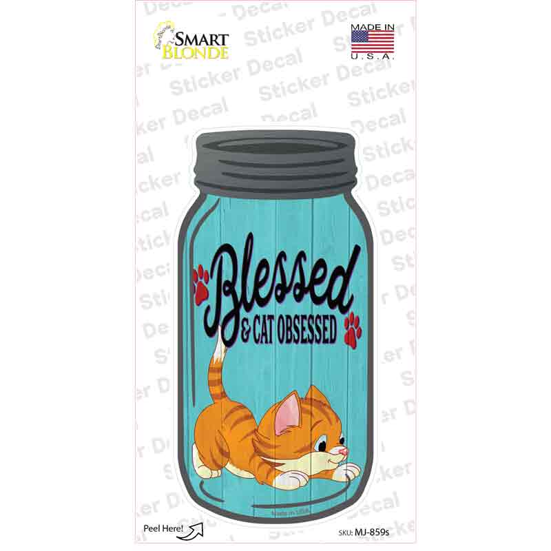 MJ-859s-M Blessed Cat Obsessed Blue Novelty Mason Jar Sticker Decal, Medium