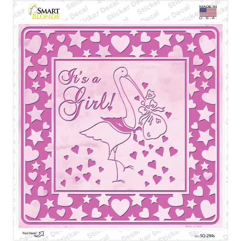SQ-294s-M Its A Girl with Stork Novelty Square Sticker Decal, Medium