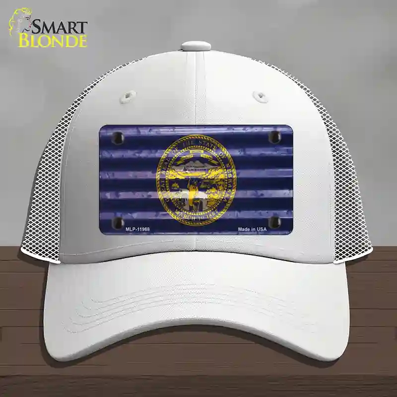HAT19-MLP-11968 Nebraska Corrugated Flag Novelty License Plate Hat, Mesh - White