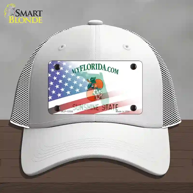 HAT19-MLP-12338 Florida with American Flag Novelty License Plate Hat, Mesh - White