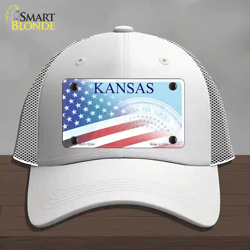 HAT19-MLP-12345 Kansas with American Flag Novelty License Plate Hat, Mesh - White