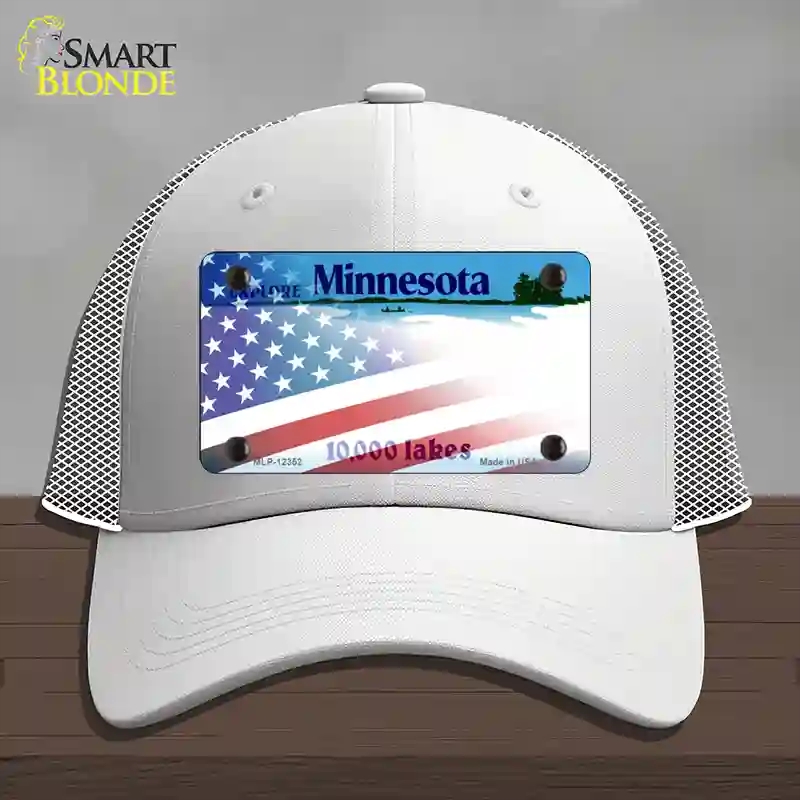 HAT19-MLP-12352 Minnesota with American Flag Novelty License Plate Hat, Mesh - White