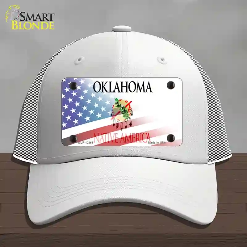 HAT19-MLP-12365 Oklahoma with American Flag Novelty License Plate Hat, Mesh - White