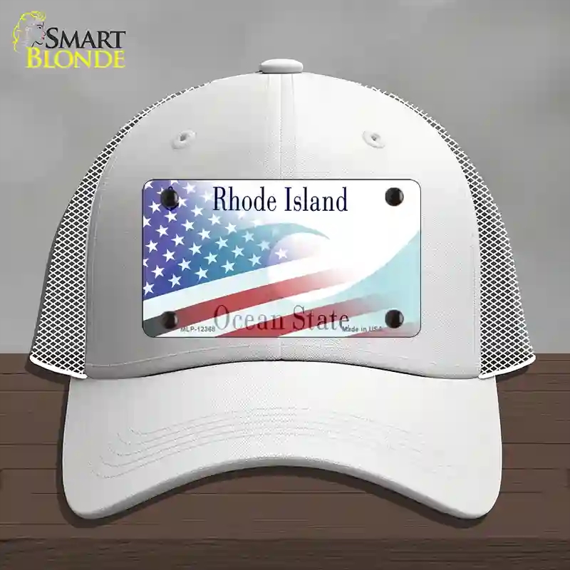 HAT19-MLP-12368 Rhode Island with American Flag Novelty License Plate Hat, Mesh - White