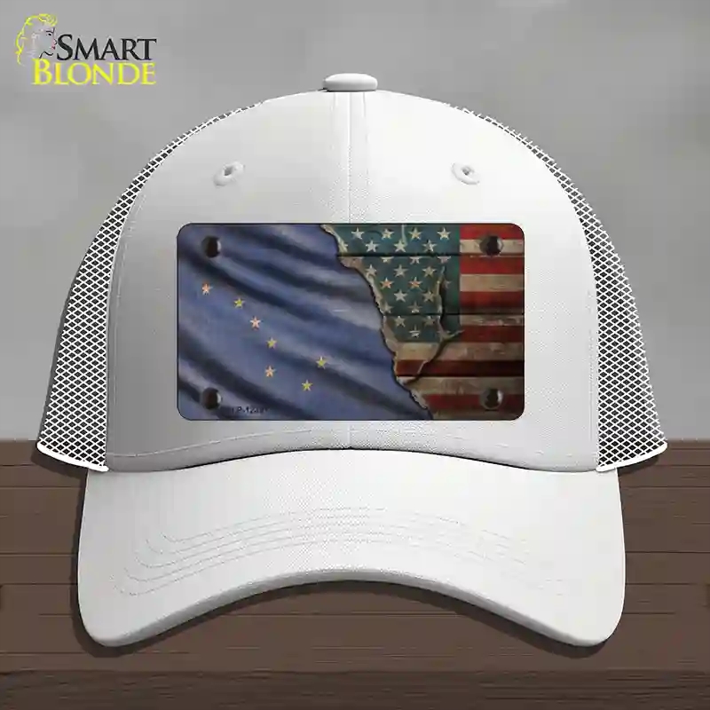 HAT19-MLP-12381 Alaska & American Flag Novelty License Plate Hat, Mesh - White