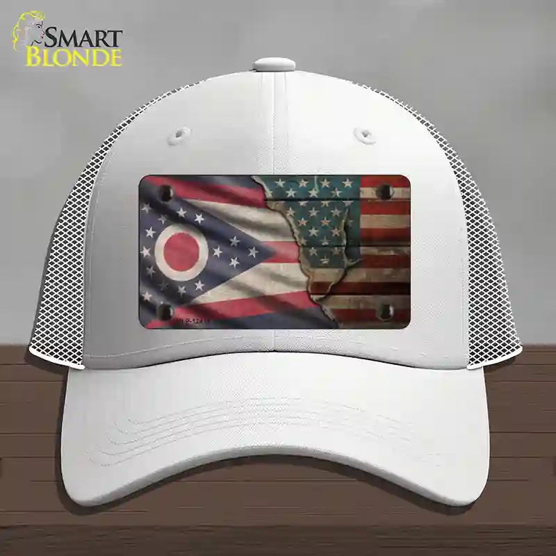 HAT19-MLP-12414 Ohio & American Flag Novelty License Plate Hat, Mesh - White
