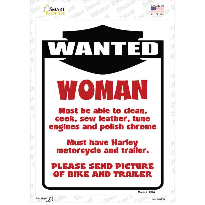 P-645s-M Motorcycle Woman Wanted Novelty Rectangle Sticker Decal, Medium