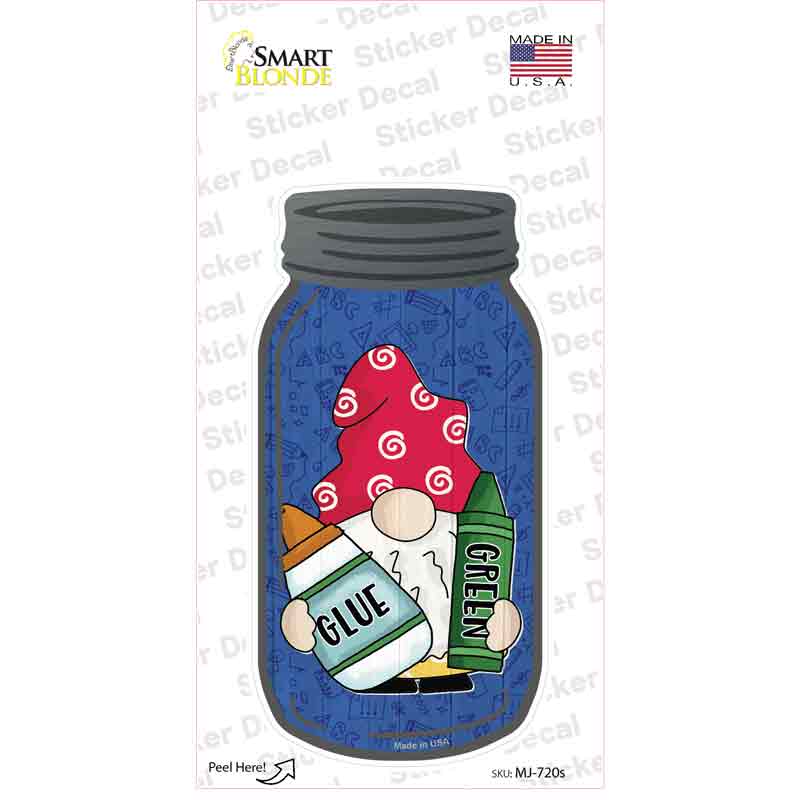 MJ-720s-M Gnome with Green Crayon Novelty Mason Jar Sticker Decal, Medium