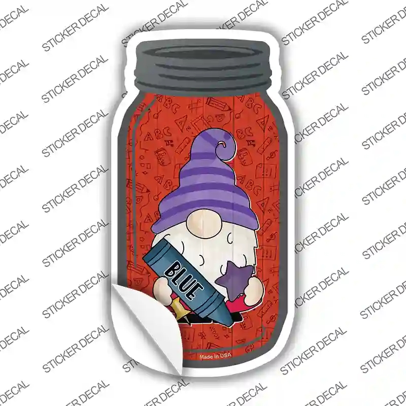 MJ-722s-L Gnome with Blue Crayon Novelty Mason Jar Sticker Decal, Large