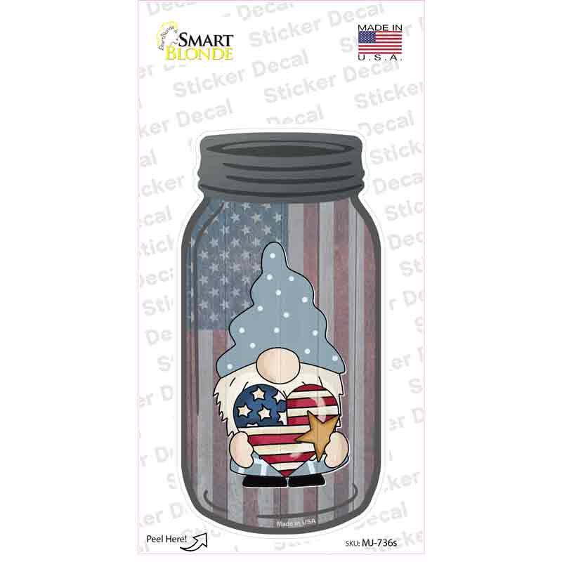 MJ-736s-M Gnome with Patriotic Heart Novelty Mason Jar Sticker Decal, Medium