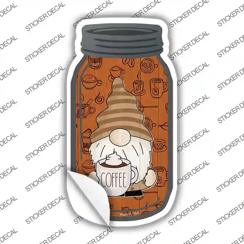 MJ-742s-S Gnome with Coffee Mug Novelty Mason Jar Sticker Decal, Small