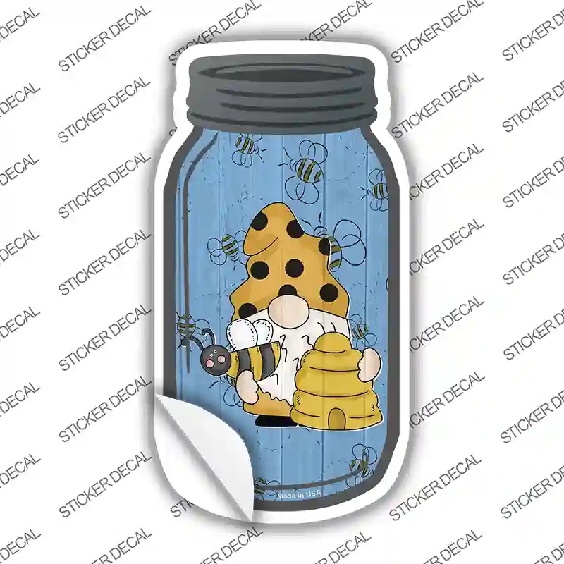 MJ-768s-S Gnome with Bee Hive Blue Novelty Mason Jar Sticker Decal, Small