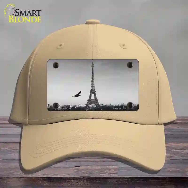 HAT22-MLP-11254 Eiffel Tower Black & White with Bird Novelty License Plate Hat, Cotton - Khaki