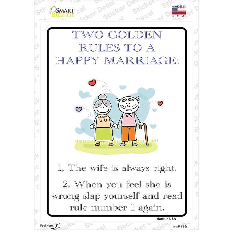 P-886s-M Rules to A Happy Marriage Novelty Rectangle Sticker Decal, Medium
