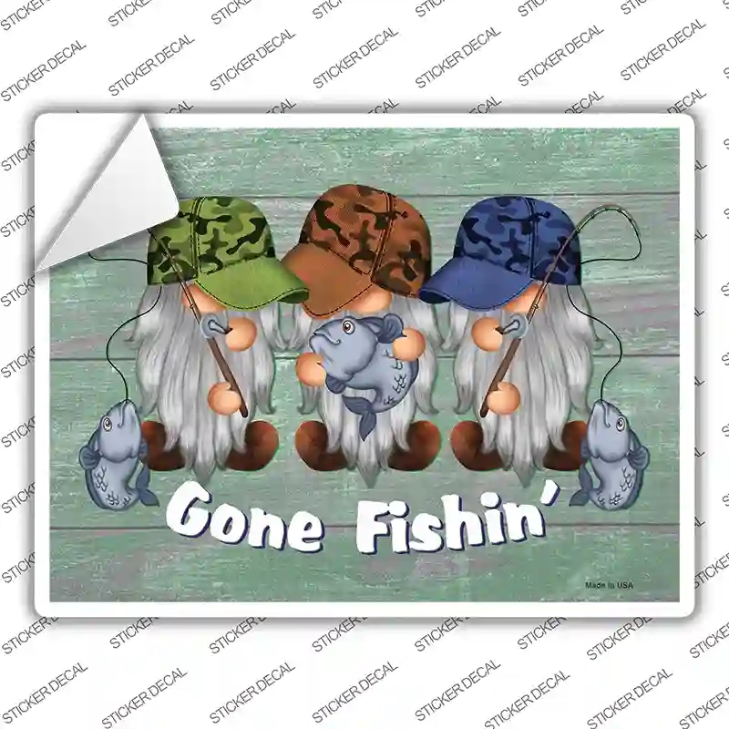 P-4201s-L Gone Fishing Three Camo Gnomes Novelty Rectangle Sticker Decal, Large