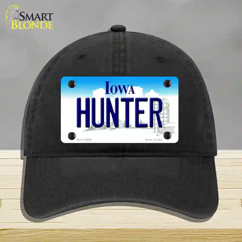 HAT07-MLP-10966 Hunter Iowa Novelty License Plate Hat, Unconstructed Cotton - Black