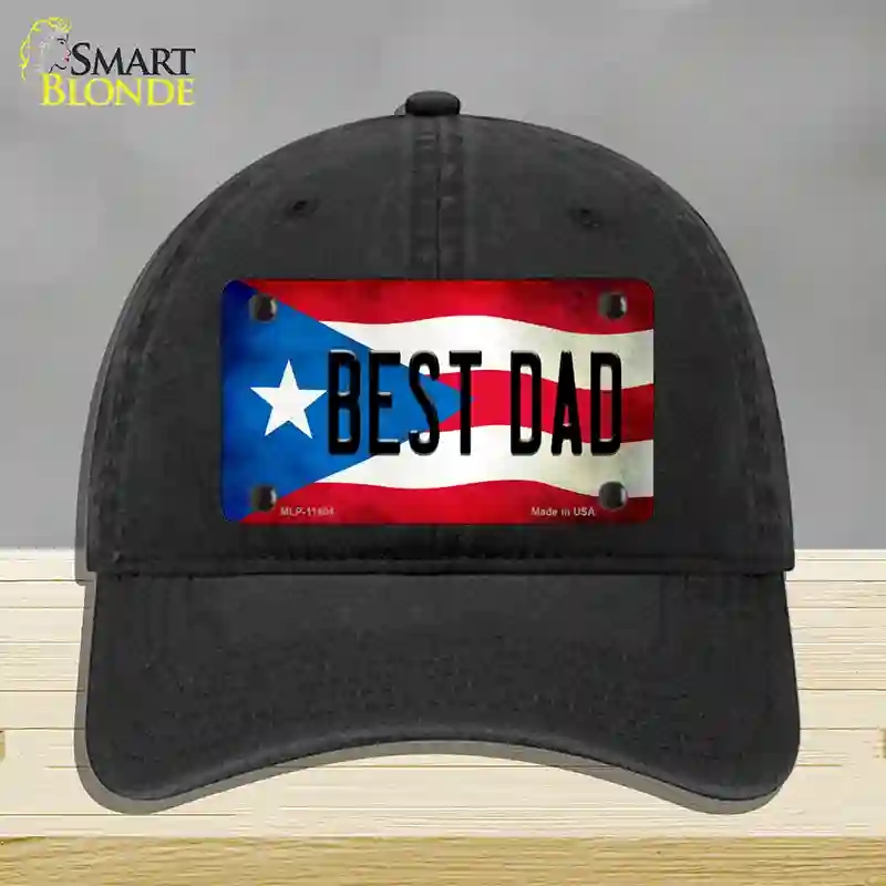 HAT07-MLP-11404 Best Dad Puerto Rico Flag Novelty License Plate Hat, Unconstructed Cotton - Black