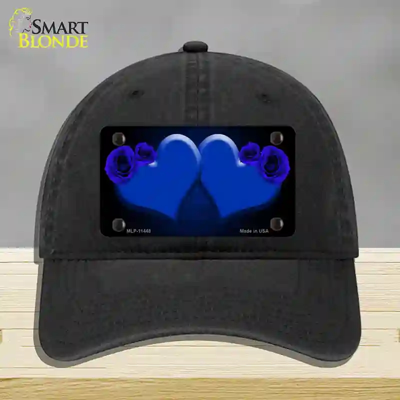 HAT07-MLP-11448 Hearts Over Roses in Blue Novelty License Plate Hat, Unconstructed Cotton - Black