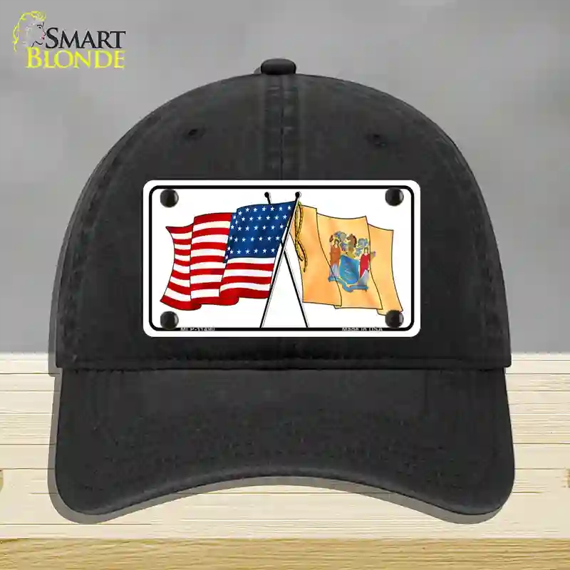 HAT07-MLP-11490   Jersey Crossed US Flag Novelty License Plate Hat, Unconstructed Cotton - Black
