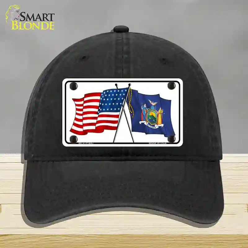 HAT07-MLP-11492   York Crossed US Flag Novelty License Plate Hat, Unconstructed Cotton - Black