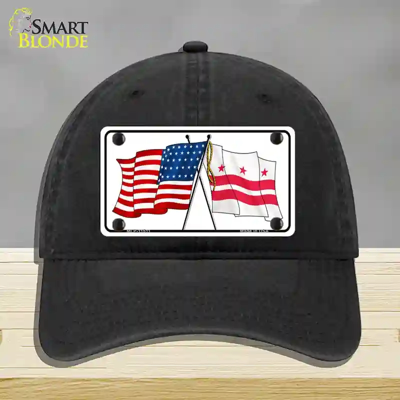 HAT07-MLP-11511 Washington DC Crossed US Flag Novelty License Plate Hat, Unconstructed Cotton - Black