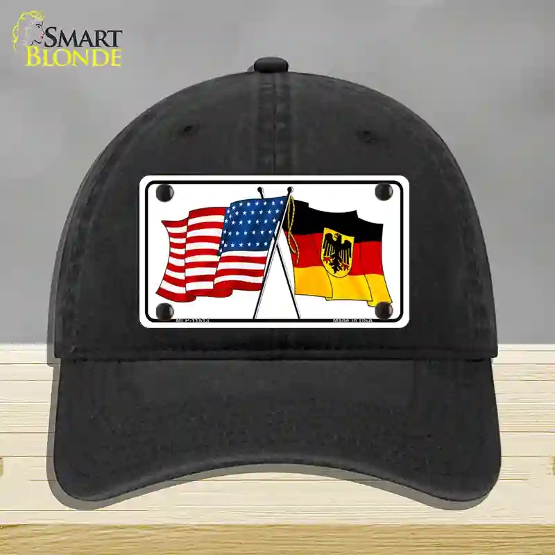 HAT07-MLP-11513 Germany Crossed US Flag Novelty License Plate Hat, Unconstructed Cotton - Black